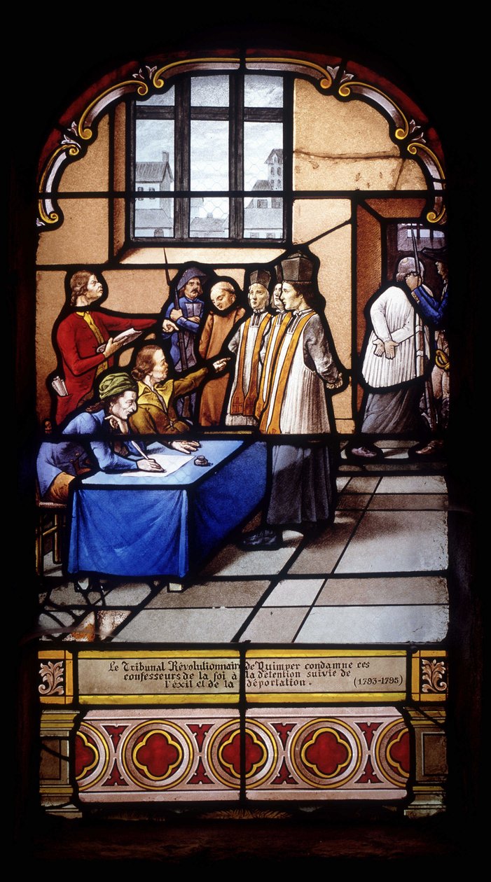 Revolutionsdomstolen i Quimper dömer dessa trosbekännare till internering följt av exil och deportation (1793-95) - glasmålningar i St Germain Church i Kerlaz av French School