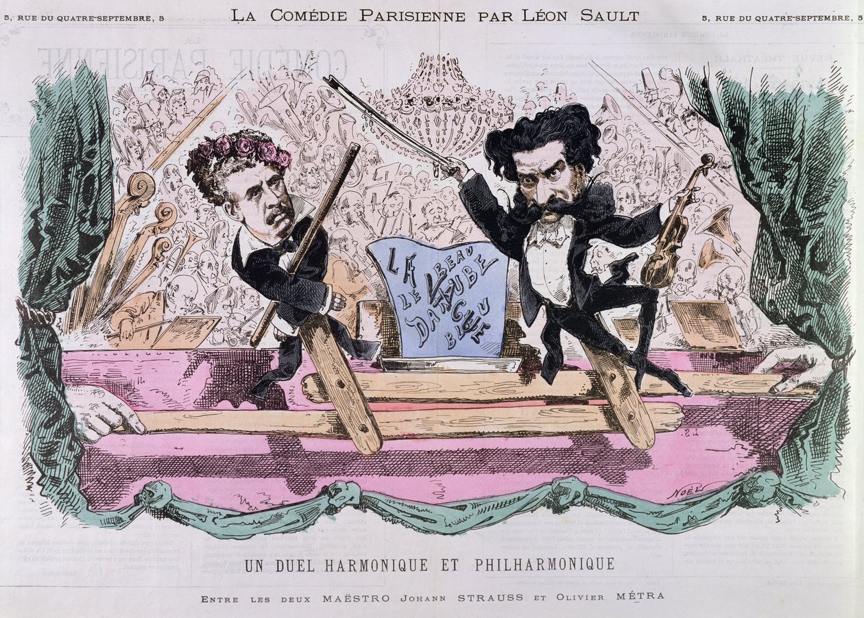 De rivaliserande valskompositörerna, Johann Strauss den yngre (1825-99) och Olivier Metra (1830-89), ca 1870 av French School