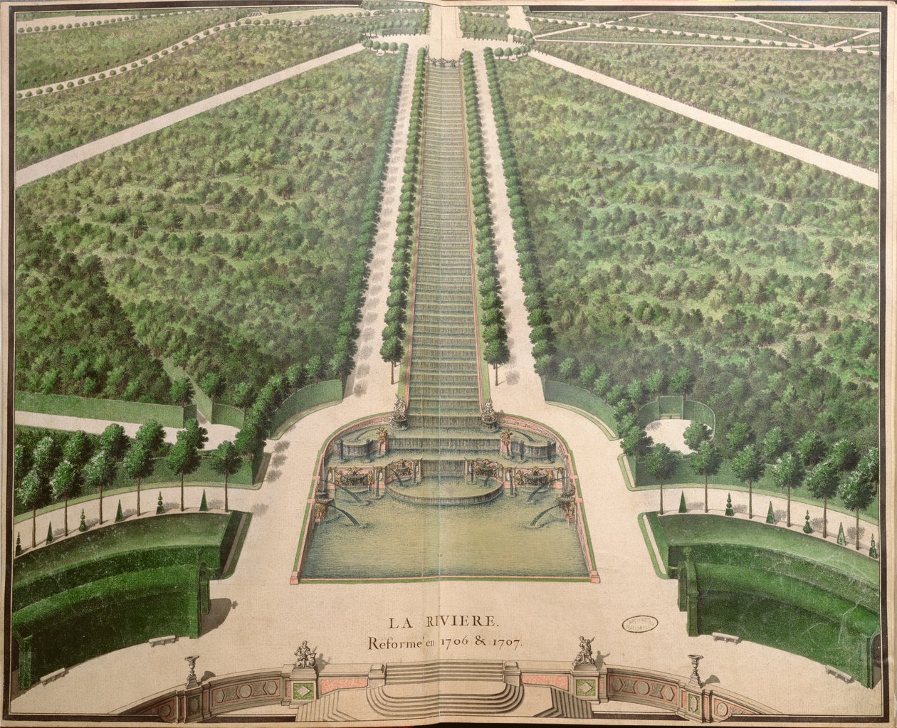 The River, ombyggd 1706-07, från "Gardens of Marly", tidigt 1700-tal av French School