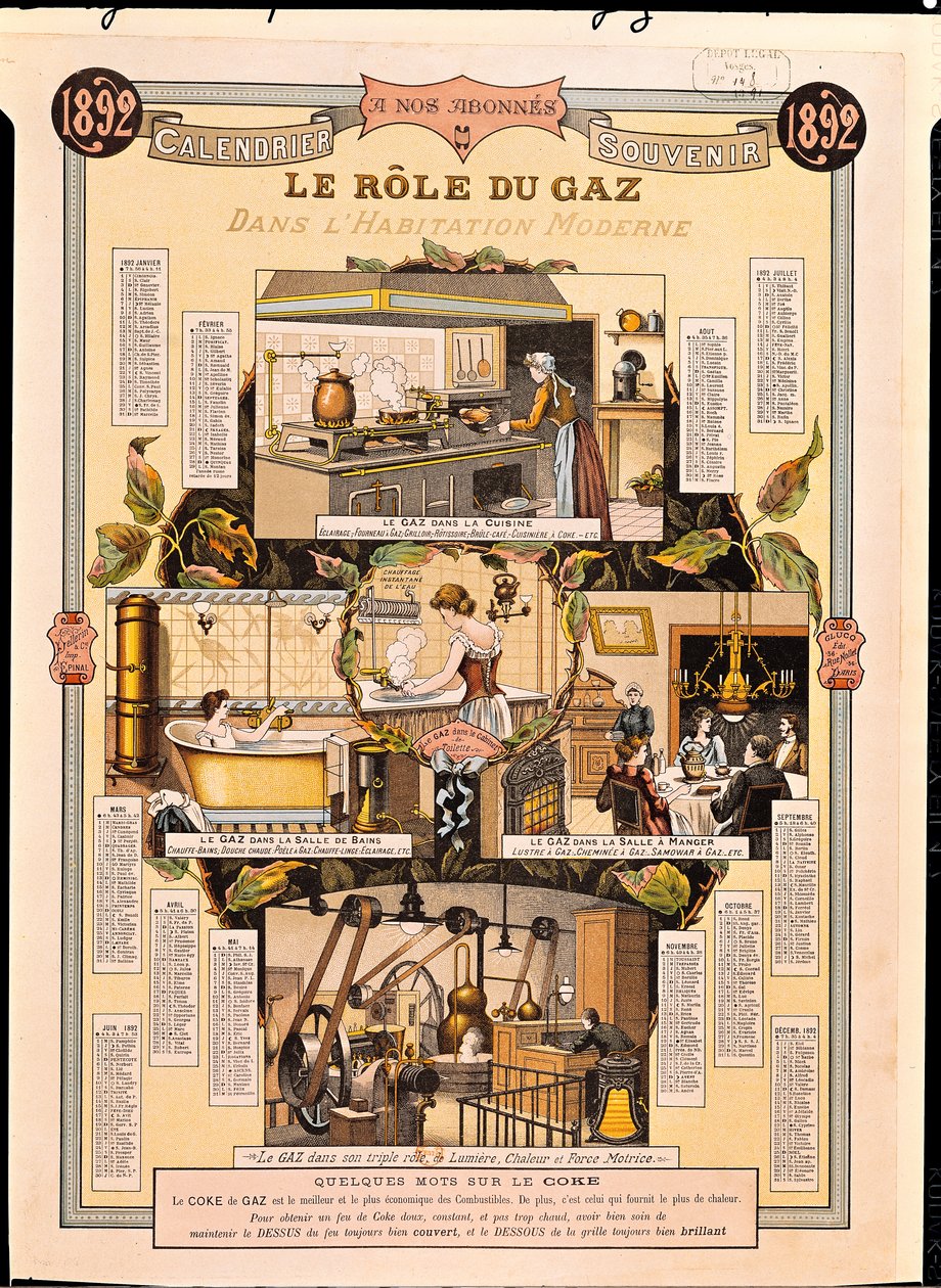 Gasens roll i moderna hus, från en fransk gasbolagskalender, 1892 av French School