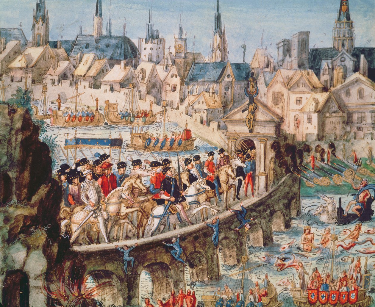The Royal Entry Festival of Henri II (1519-59) i Rouen, 1. oktober 1550 (pen og blæk og wc på papir) sverige av French School