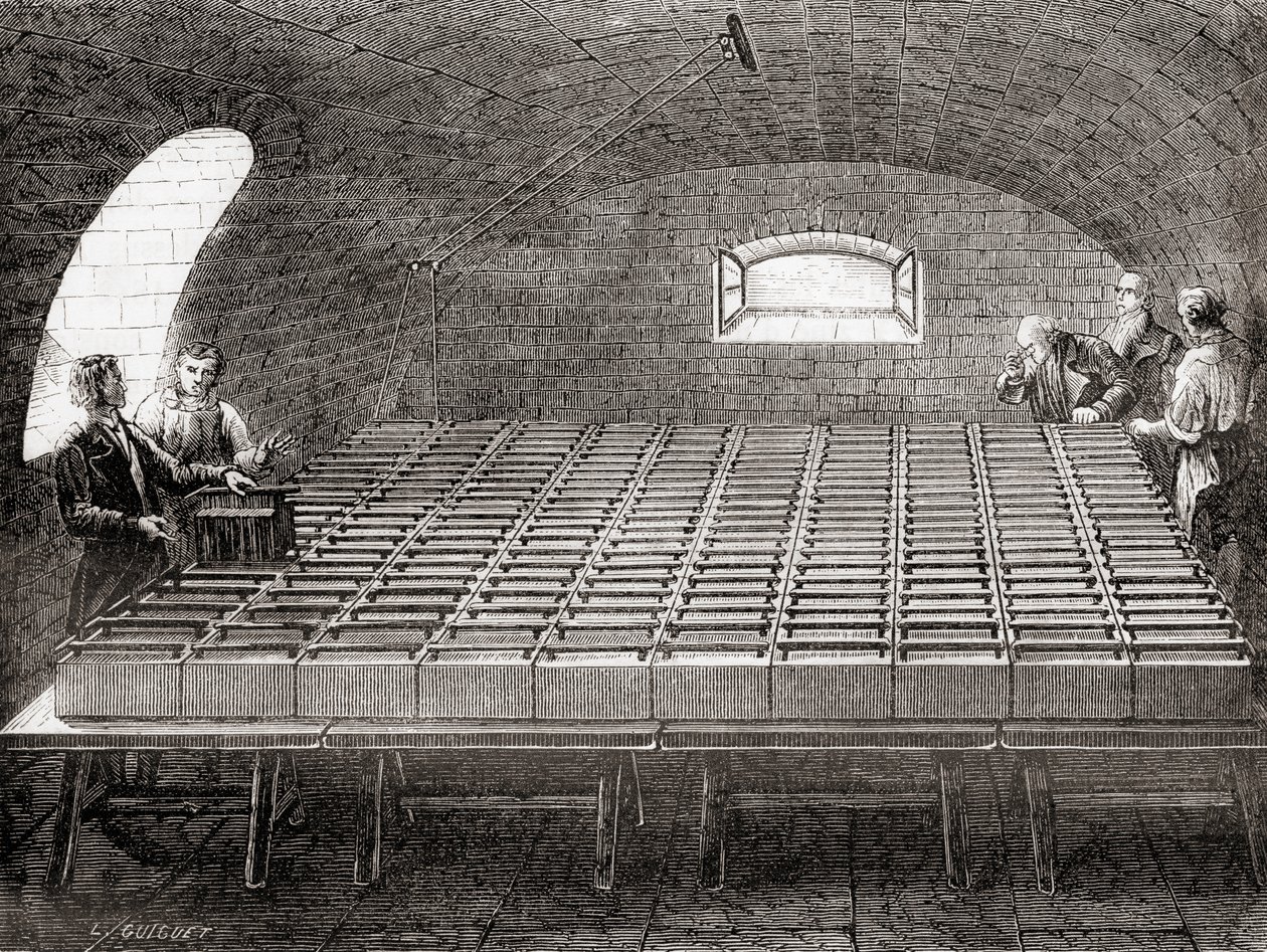 The Royal Institution elektriskt batteri, från Les Merveilles de la Science, pub.1870. av French School