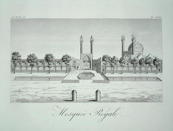 Den kungliga moskén i Isfahan, från "Sir John Chardins resor i Persien", av L. Langles, pub. 1811 (gravyr) av French School
