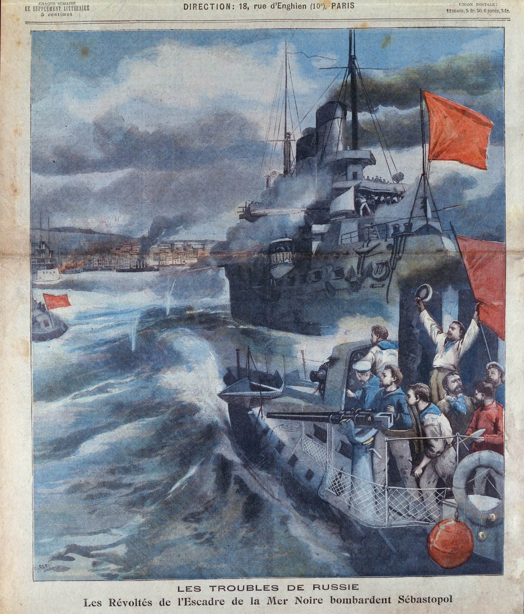 Det ryska myteriet i Svarta havet och bombardementet av Sebastopol, illustration från Le Petit Parisien, 1905 av French School