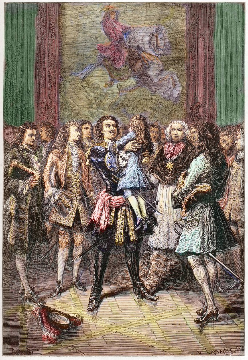 Den ryske tsaren Peter I den store (1672-1725) höll kung Ludvig XV i sina armar i Versailles 1717 - PETER I (1672-1725) tsar av Ryssland av French School