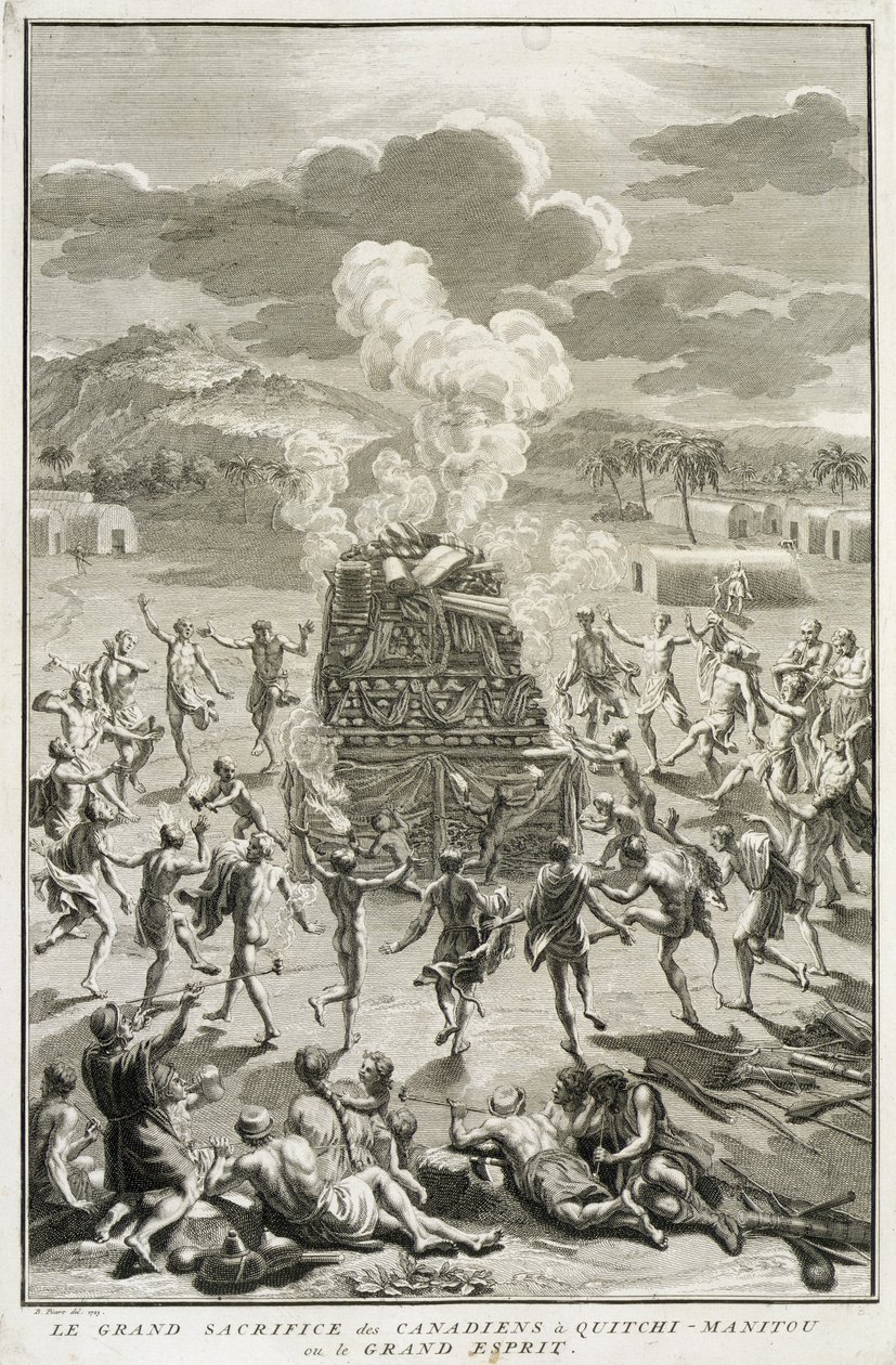 The Sacrifice to Quitchi-Manitou, eller The Great Spirit, av kanadensarna, illustration från religiösa ceremonier och seder, graverad av Bernard Picart (1673-1733) 1723 av French School