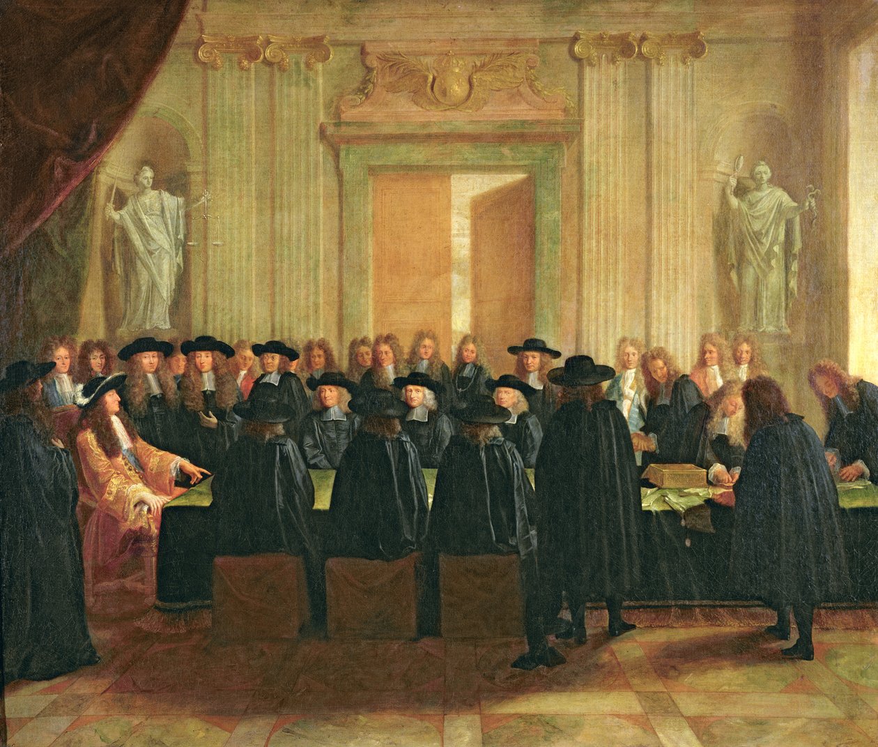 Sigillet som hölls av Ludvig XIV (1638-1715) inför medlemmar av statsrådet och hovrätten 1672, 1672 av French School