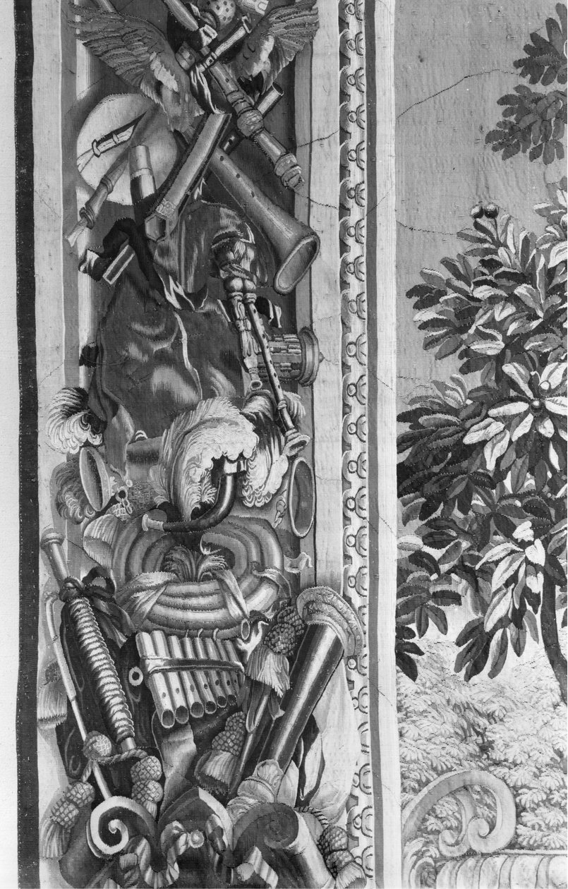 The Seasons gobeläng, bård, musikinstrument, ca 1670, Gobelins Factory (detalj) av French School