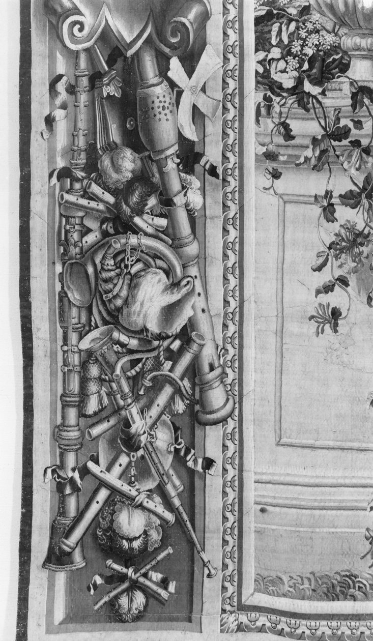 The Seasons gobeläng, bård, musikinstrument, ca 1670, Gobelins Factory (detalj) av French School