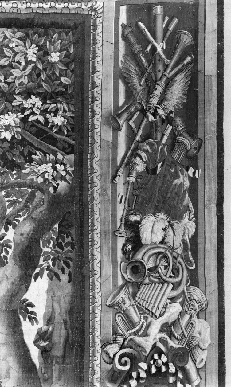 The Seasons gobeläng, bård, musikinstrument, ca 1670, Gobelins Factory (detalj) av French School