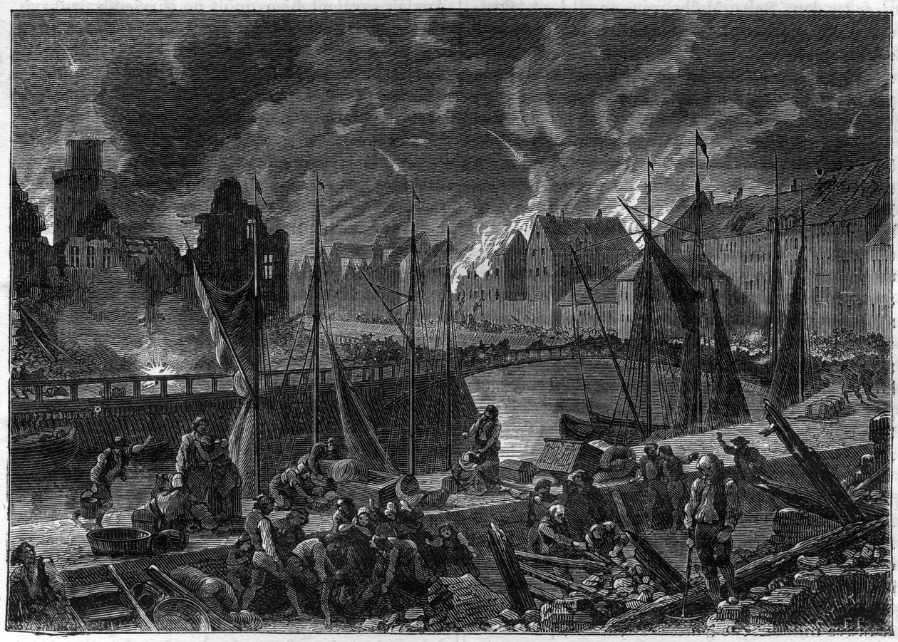 Det andra slaget vid Köpenhamn (eller bombardemanget av Köpenhamn) (16 augusti-5 september 1807) Brittiskt bombardement av Köpenhamn för att sexton dansk-norska flottan, under Napoleonkrigen - Engelska krigen - Slaget om Köpenhamn 1807 o av French School