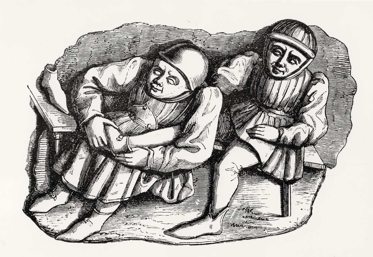 Skomakaren och hans kund, kopierad från ett av Misericordia-stånden i katedralens kör i Rouen, illustration från vetenskap och litteratur under medeltiden och renässansen, skriven och av French School