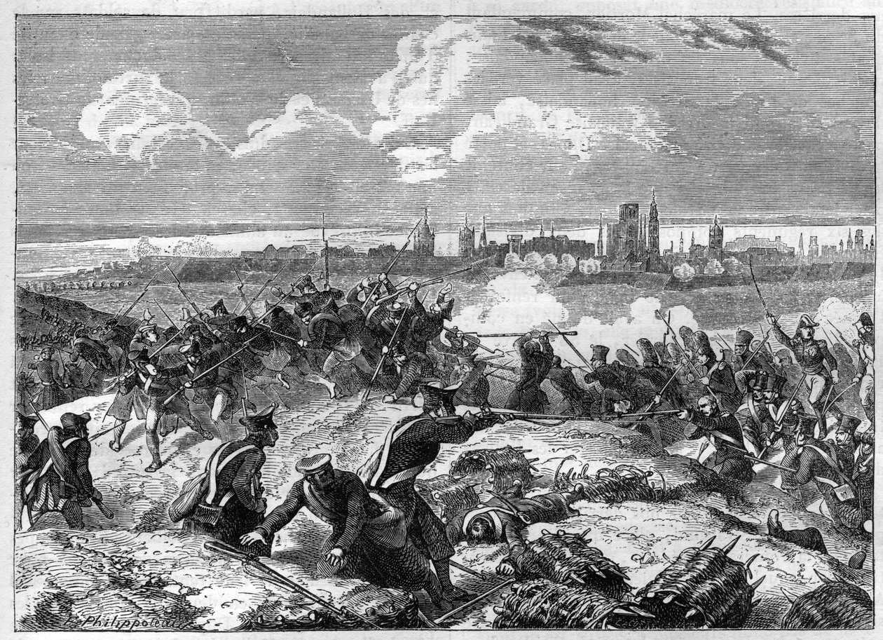 Belägringen av Danzig (1807) under befäl av marskalk Pierre Joseph Lefebvre (1755-1820) - från ""History of the empire following the history of the consulat"" av Adolphe Thiers -1879 - privat samling av French School
