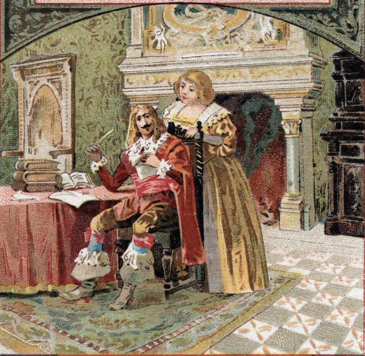 Fadern till Beringhen och Madame du Fargis komplott mot Richelieu (Armand Jean du Plessis, kardinal av Richelieu (1585-1642), Ludvig XIII:s minister, vid slottet Azay-le-Rideau (Azay le Rideau) (Indre-et- Loire). Kromolitografi från slutet av 19:e av French School