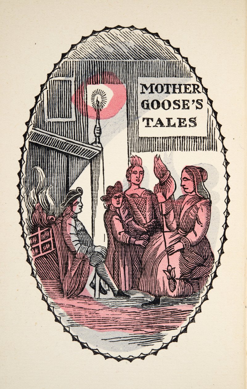 The Sleeping Beauty in The Wood, från Historier eller berättelser om förflutna tider berättade av Mother Goose, With Morals, av M Perrault, pub. 1925 (handfärgat träblockstryck) av French School