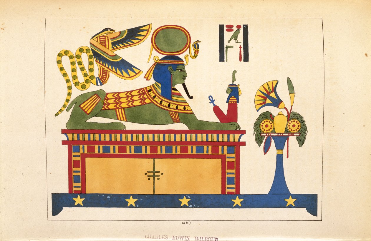 Sfinxen, illustration från Egyptian Pantheon: samling mytologiska karaktärer från det antika Egypten av Jean-Francois Champollion, publicerad ca 1986 av French School
