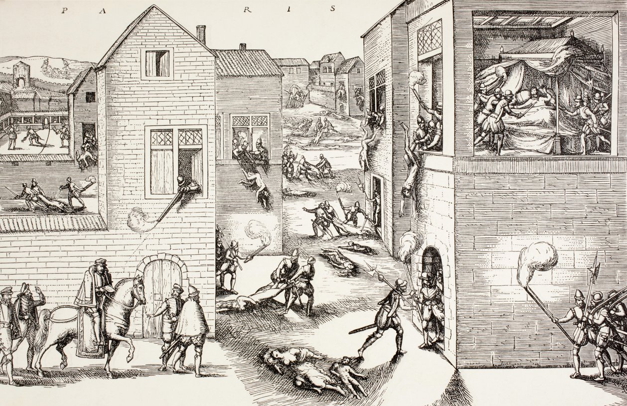 Massakern på S:t Bartolomeusdagen, augusti 1572, från "Militärt och religiöst liv i medeltiden" av Paul Lacroix, publicerad i London ca 1880 av French School