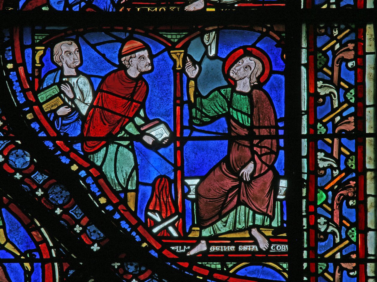 The St James Window: Almongenes (Hermogines) på väg att bränna sina böcker (w5) av French School