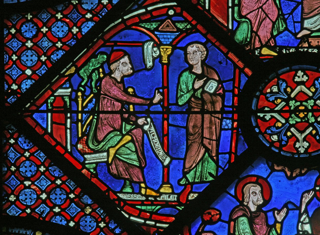 St James Window: Magikern Almoniges (Hermoniges) skickar sin lärjunge Filetus till St James (w5) av French School