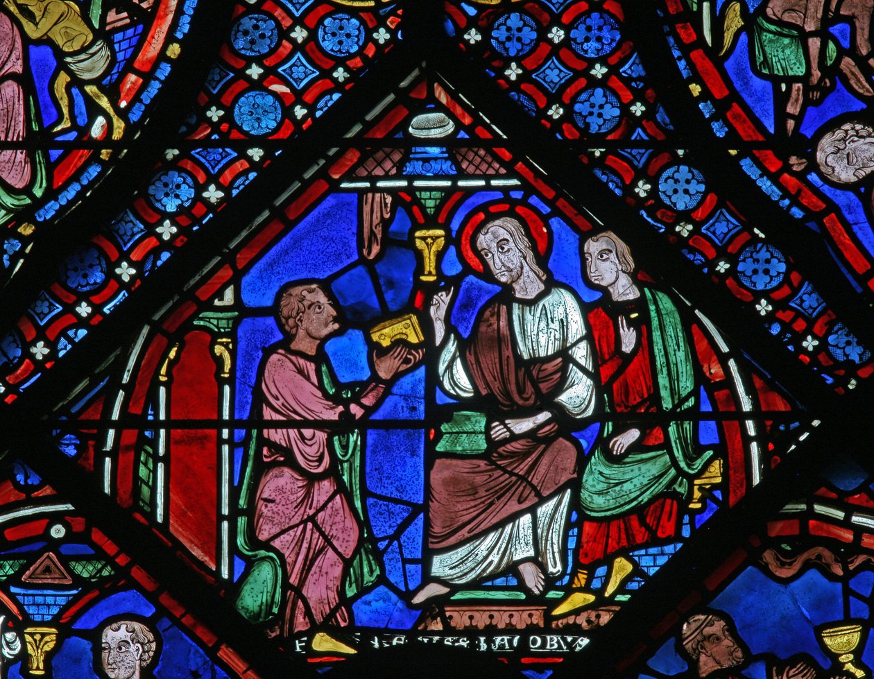 St James Window: han möter Filetus med sin magiska bok (w5) av French School