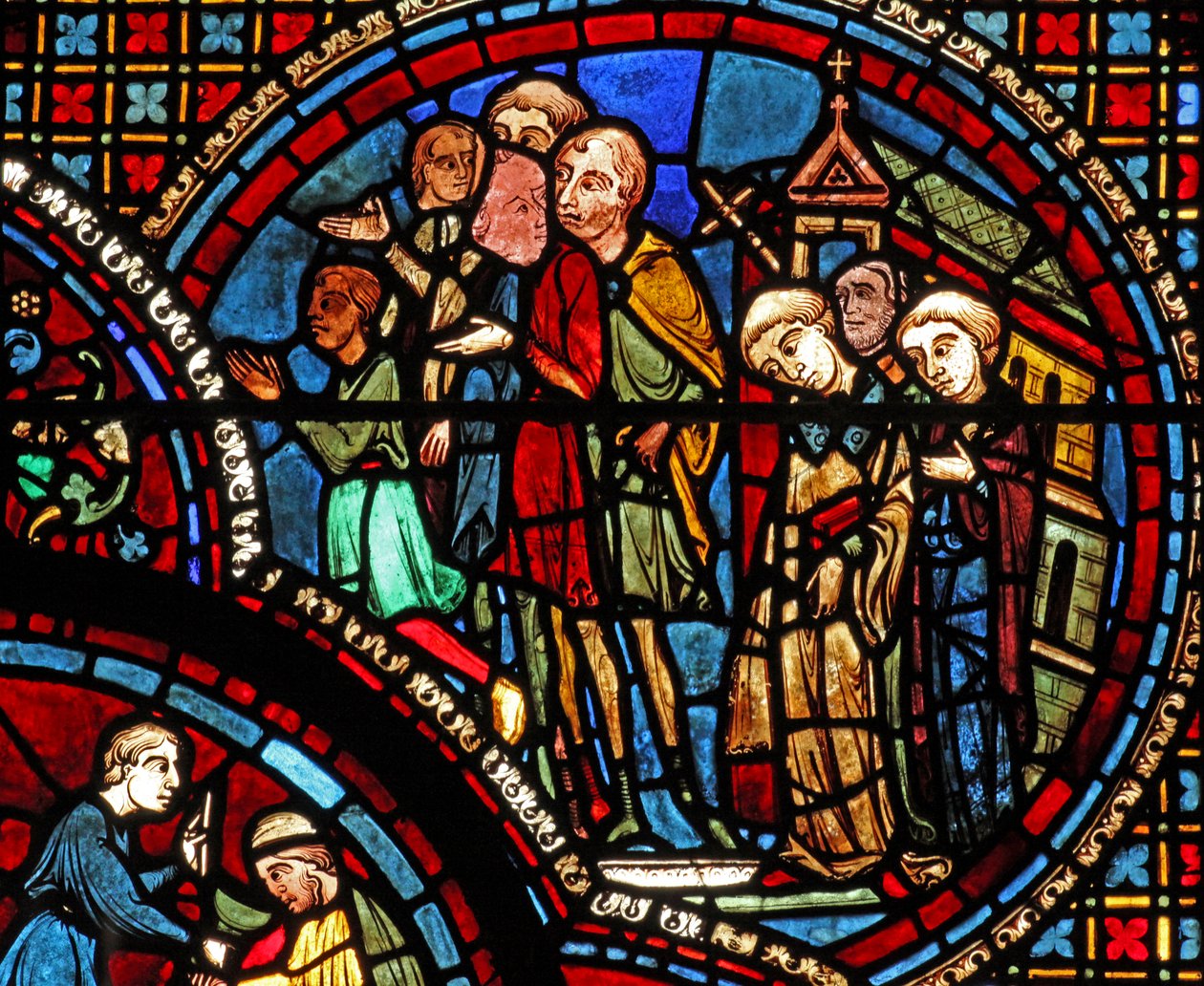 St Lubin-fönstret: en procession lämnar en kyrka (w45) av French School