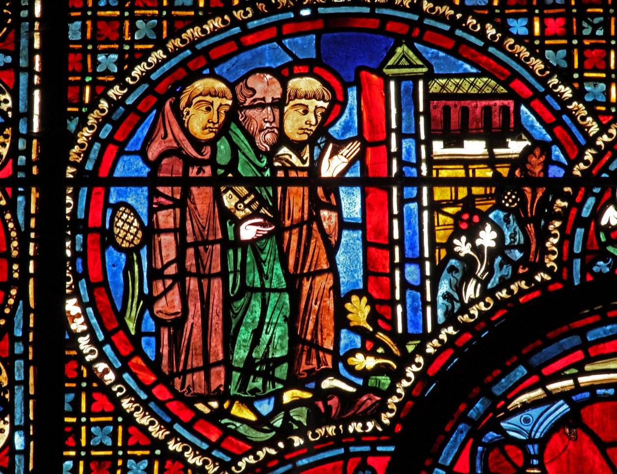 St Lubin-fönstret: han anländer till en kyrka med två munkar (w45) av French School