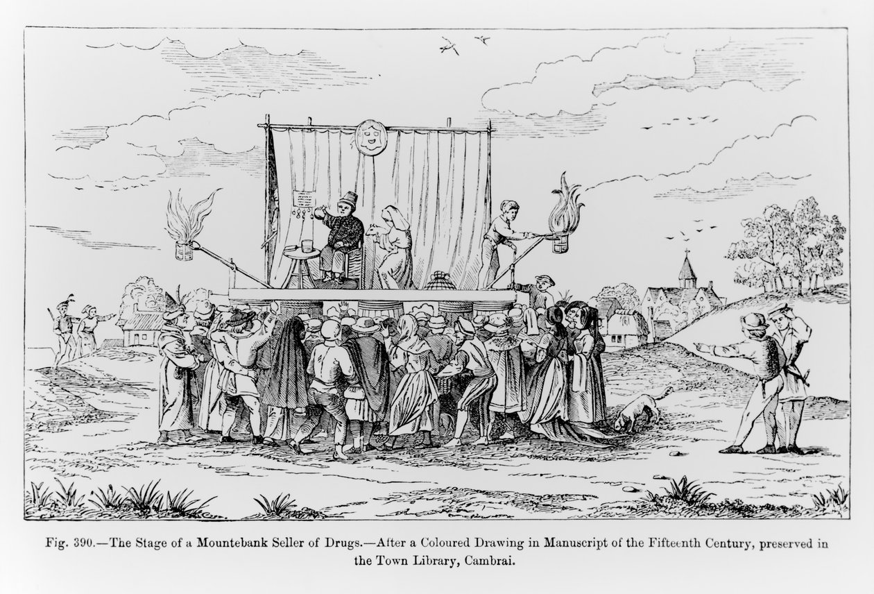 The Stage of a Mountebank Seller of Drugs, illustration från vetenskap och litteratur under medeltiden och renässansen, skriven och graverad av Paul Lacroix, 1878 av French School