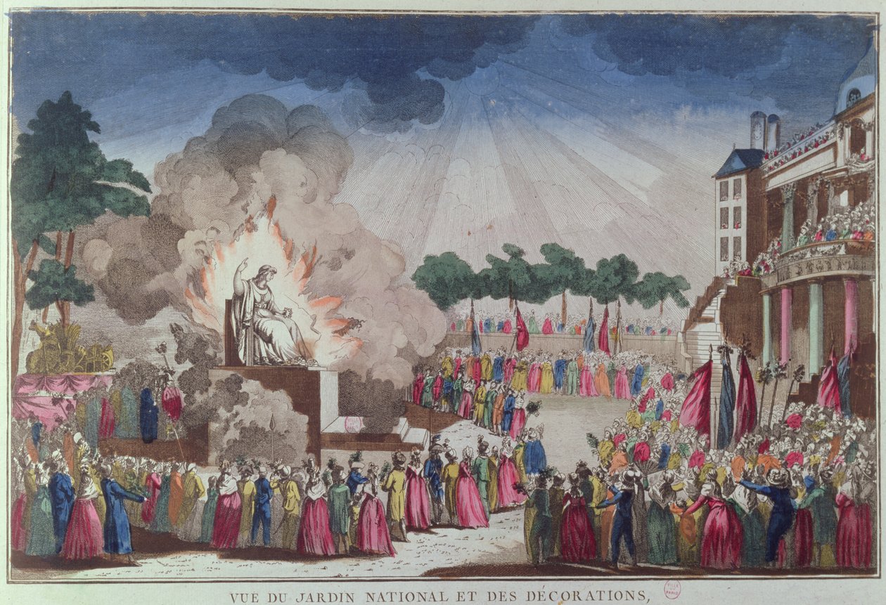 Ateismens staty förstörs och ersätts med visdomsstatyn vid festivalen för den högsta varelsen, Jardin National des Decorations, Paris, 8 juli 1794 av French School