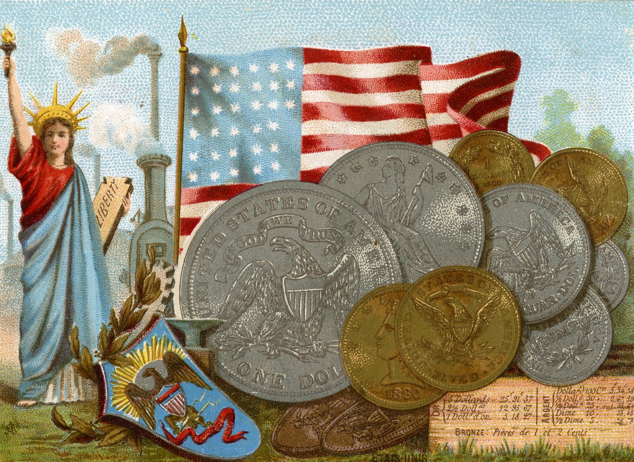 Frihetsgudinnan bredvid en fabriksskorsten, den amerikanska flaggan och en visning av dollar, ca 1890 av French School