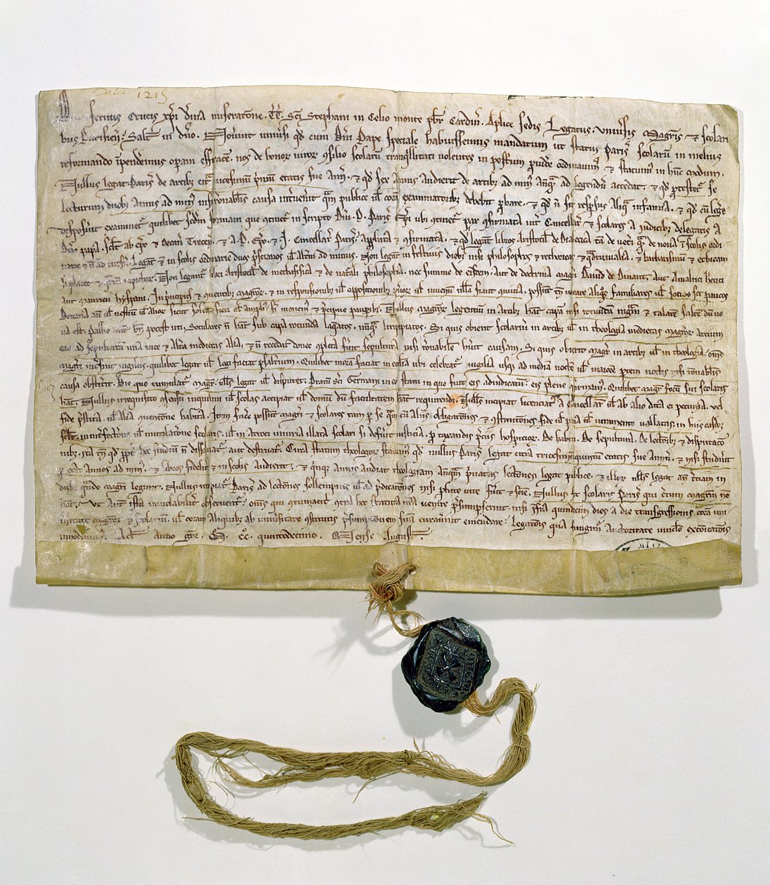 Stadgarna för universitetet i Paris, framtagna och beviljade av kardinal Robert de Courson, påvlig legat, i augusti 1215 (vellum och vax) av French School