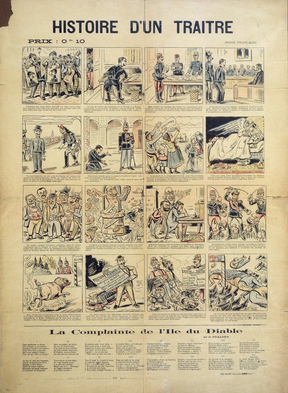 Historien om en förrädare, anti-Dreyfusard tecknad film och sångblad av French School