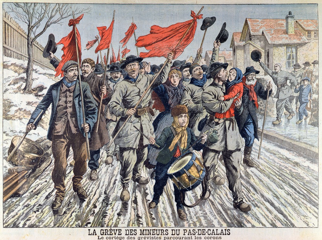 Gruvarbetarnas strejk i Pas-de-Calais, de strejkandes procession i gruvbyn, från Le Petit Journal, 1 april 1906 (färgstick) av French School