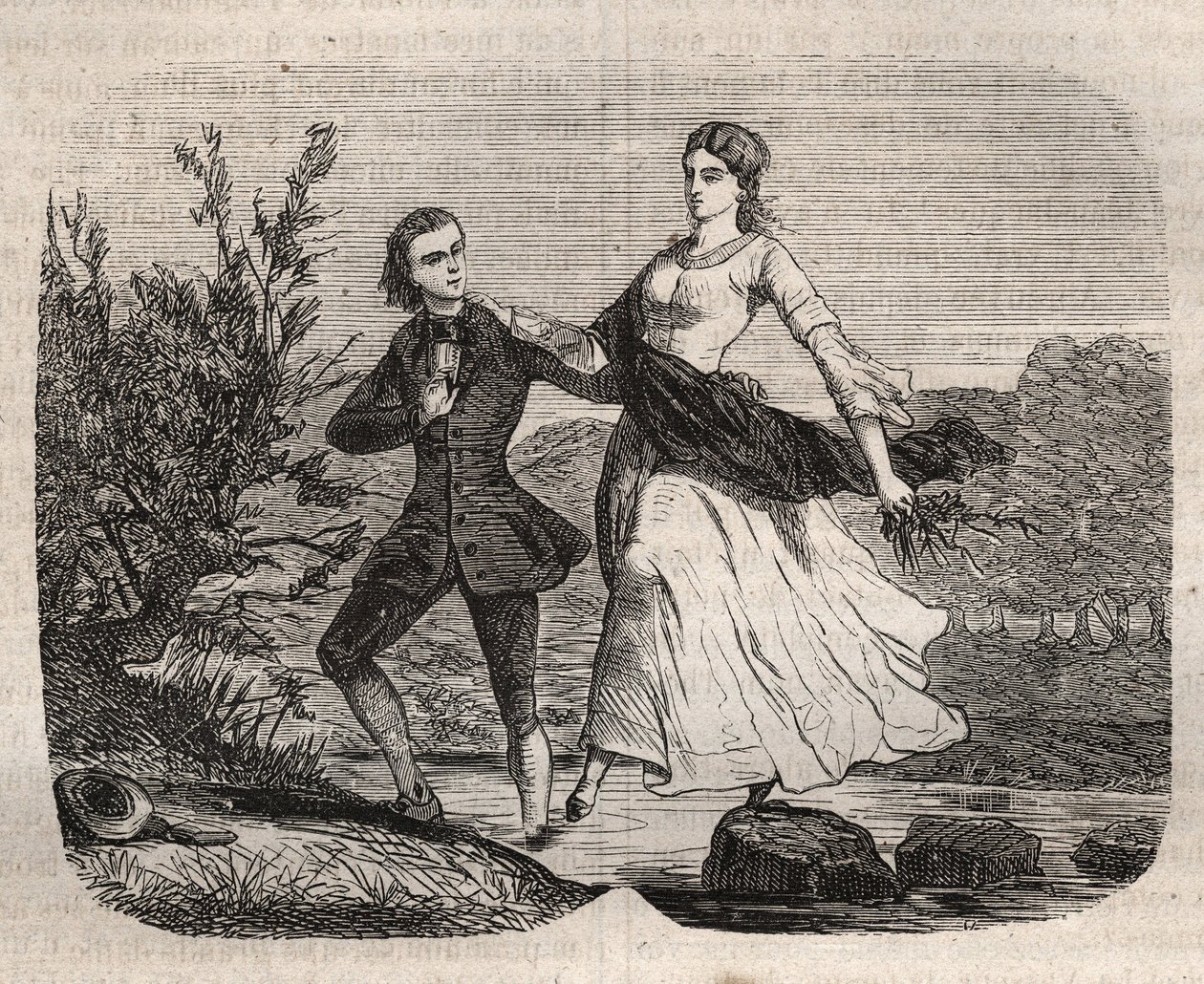 Den schweiziske filosofen Jean Jacques (Jean-Jacques) Rousseau (1712-1778) hjälpte Mademoiselle Galley att korsa en bäck. Gravyr från 1871 i "Histoire Des Cocus Celebres" "av Henry de Kock (1819-1892). av French School