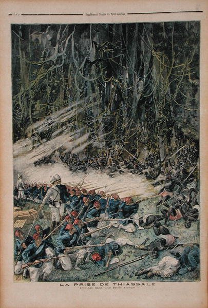 The Take of Thiassale, the Battle in the Virgin Rain Forest, illustration från Le Petit Journal, 26 augusti 1893 av French School
