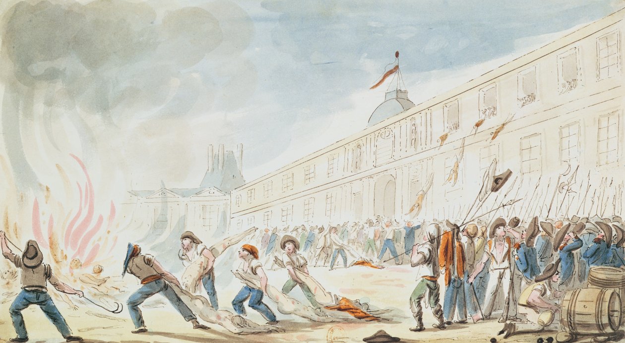 The Take of the Tuileries, 10 augusti 1792 (färgstick) av French School