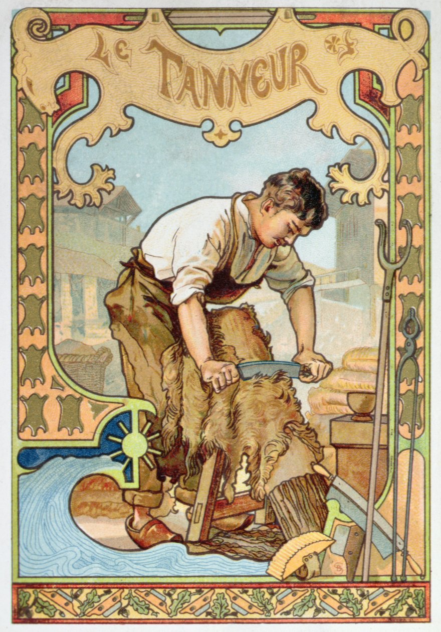 The Tanner, illustration från en bok om hantverk, c.1899 (färg litho) av French School