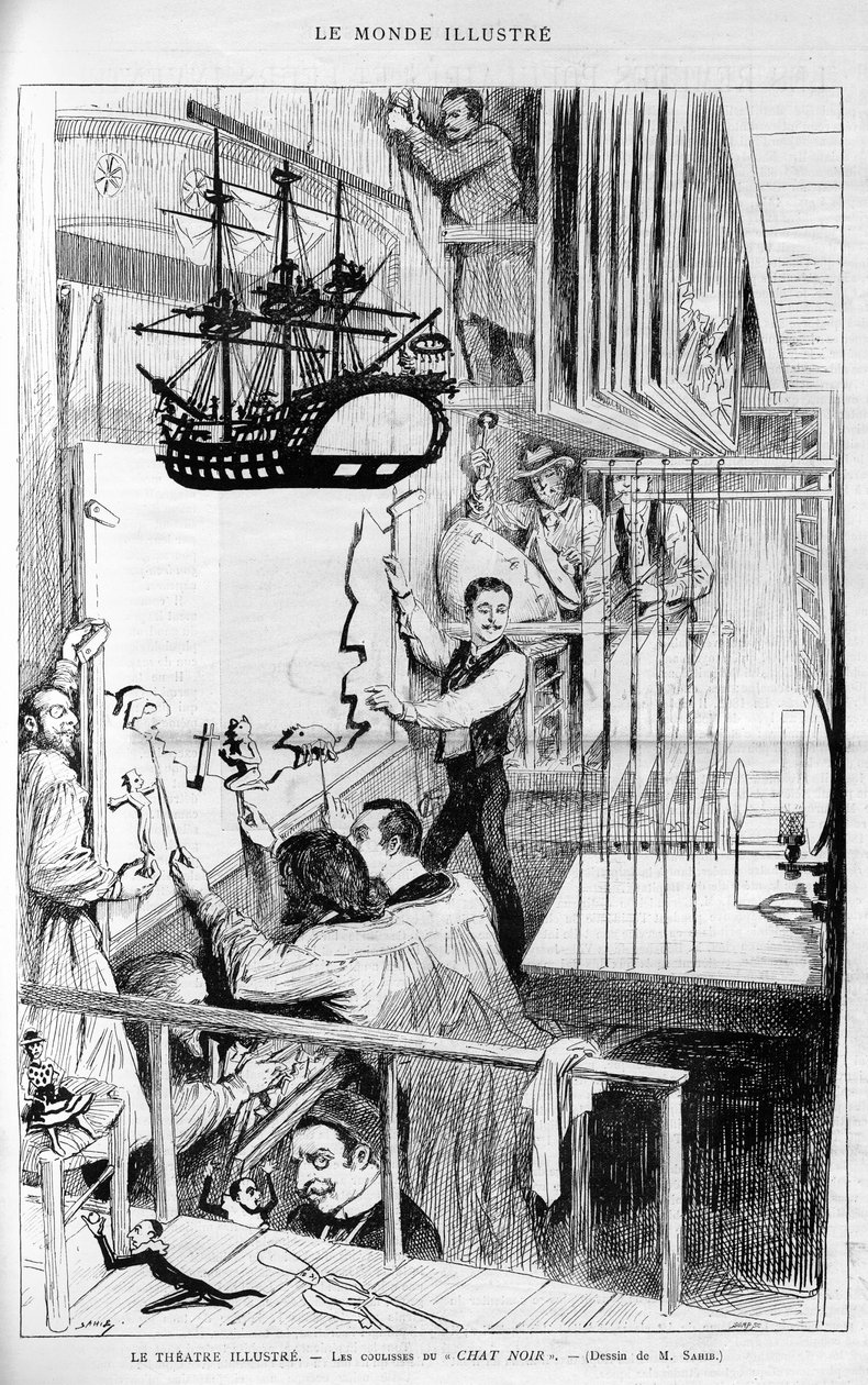 Teatern illustrerar: bakom kulisserna i "Chat noir". Gravyr i "Le monde illustrious", "" 1888. av French School