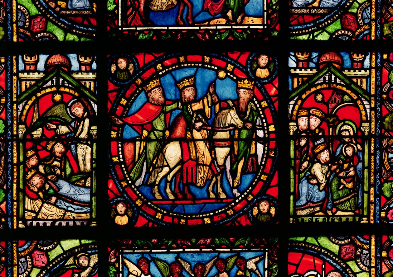 The Three Magi, detalj från ett fönster som visar historien om Jungfrun av French School