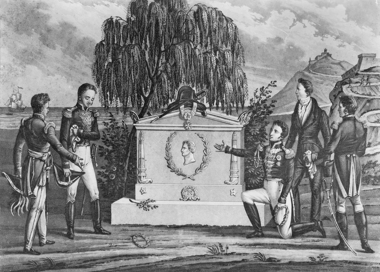 Napoleon Bonapartes grav (1769-1821) på St. Helena, 1821 (litho) (bw foto) av French School
