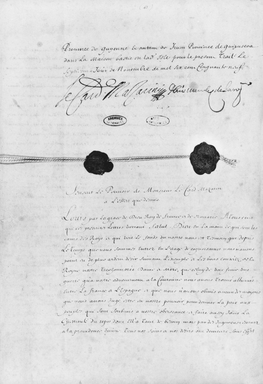 Pyrenéernas fördrag, undertecknat av kardinal Jules Mazarin (1602-61) och Don Luis Mendez de Haro (1598-1661) 7 november 1659 av French School