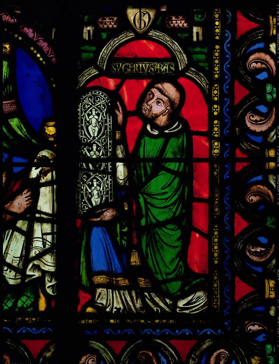The Tree of Jesse Window, detalj som visar abbot Suger (ca 1081-1151) som ger ett fönster av French School