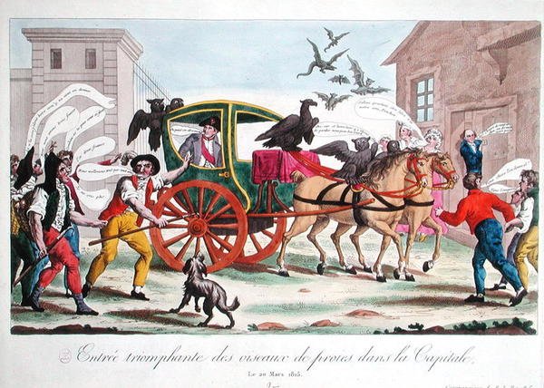 Rovfåglarnas triumferande intåg i huvudstaden, karikatyr av Napoleons (1769-1821) återkomst till Paris, 20 mars 1815 (färgad gravyr) av French School