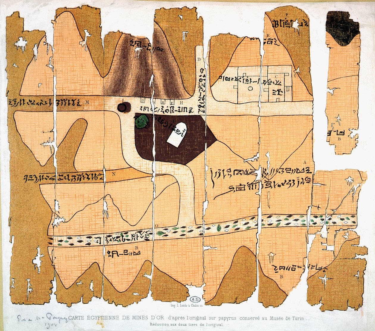 Turin-papyrusen, reproduktion av en forntida egyptisk karta över guldgruvor baserad på en originalpapyrus från ca 1300 f.Kr. bevarad i Museo Egizio i Turin av French School