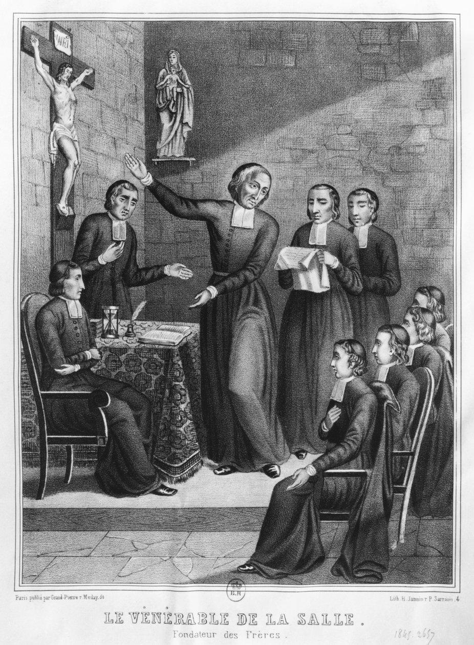 Den ärevördiga Saint John Baptist de La Salle (1651-1719) graverad av H. Jannin och P. Sarrazin, 1845 av French School