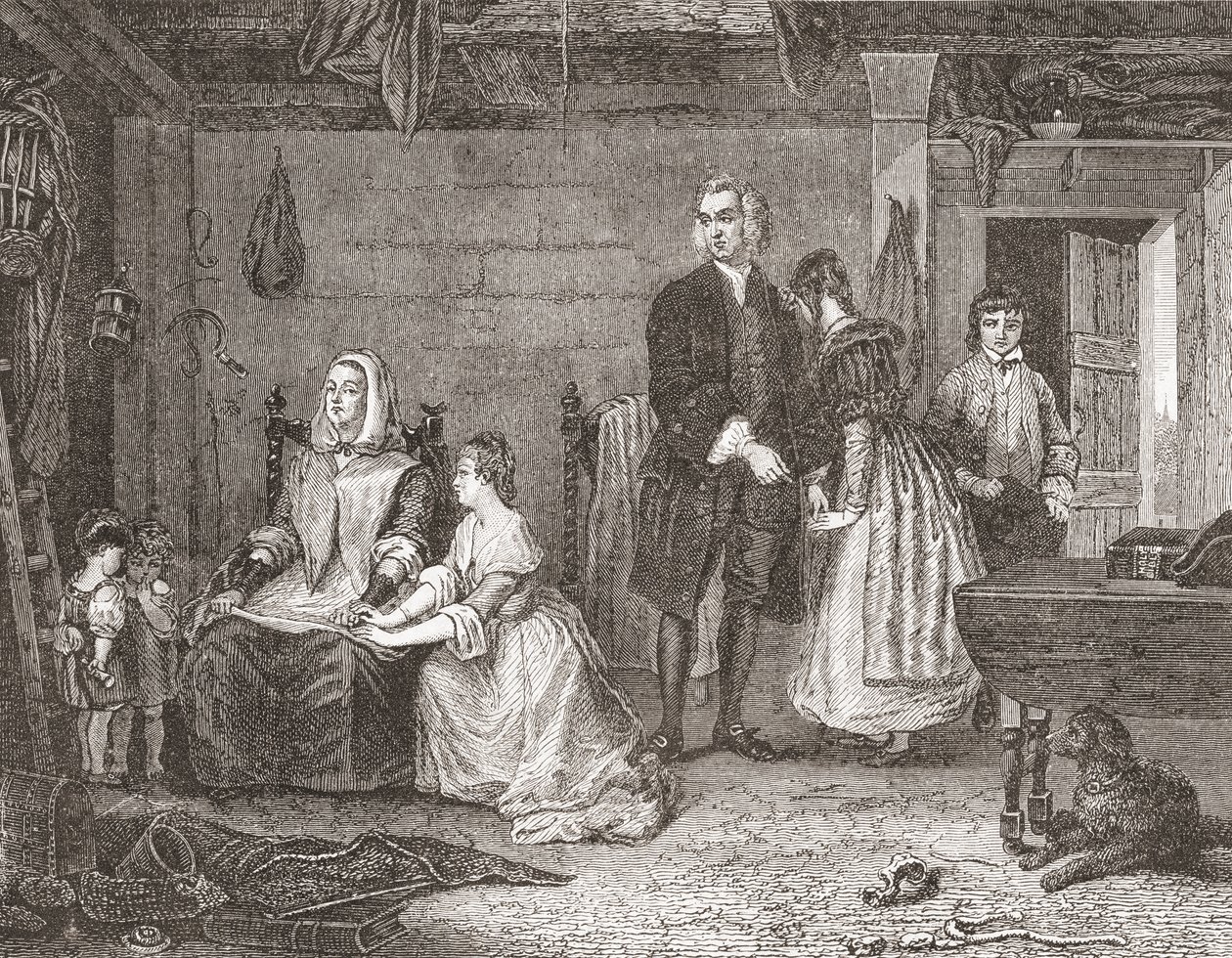 Vicar of Wakefield försonar sin fru med Olivia, efter målningen av Gilbert Stuart Newton. Från Histoire des Peintres, École Anglaise, publicerad 1867 (litho) av French School
