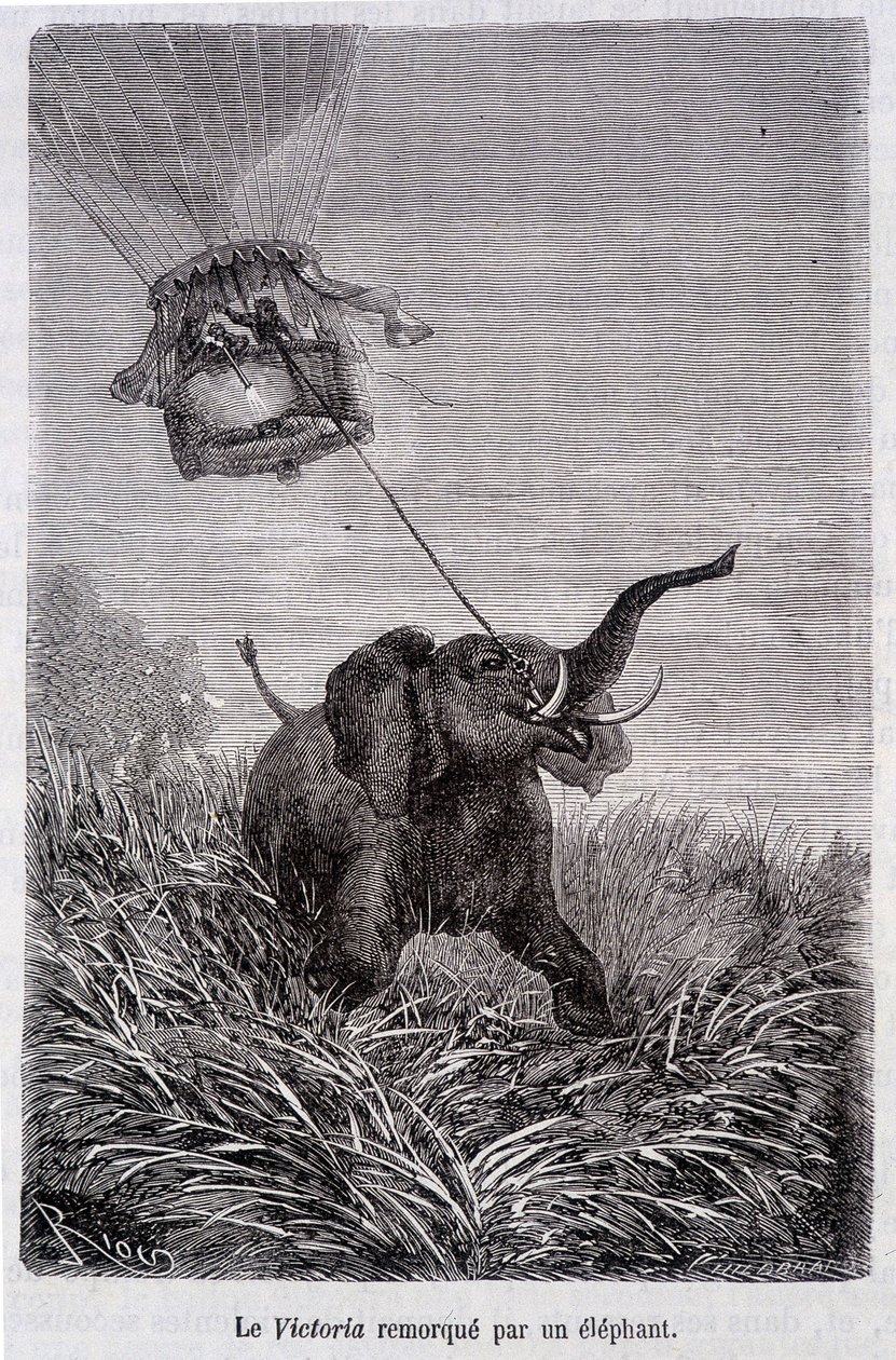 Victoria bogserad av en elefant - i "Fem veckor i ballong", roman av Jules Verne av French School