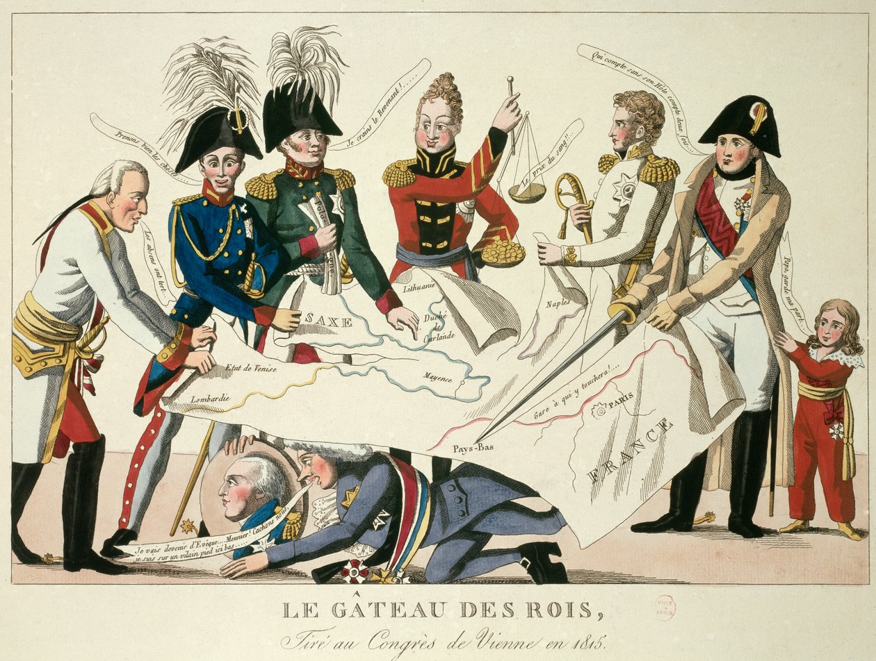 Wienkongressen den 22/06/1815: kungarnas kaka. Den återförenade de åtta världsmakterna och försökte omdefiniera gränserna efter Napoleon I:s fall. Alexander I, Rysslands tsar; H.R. Stewart, Castlereagh; Francois Joseph I, kejsare av Au av French School