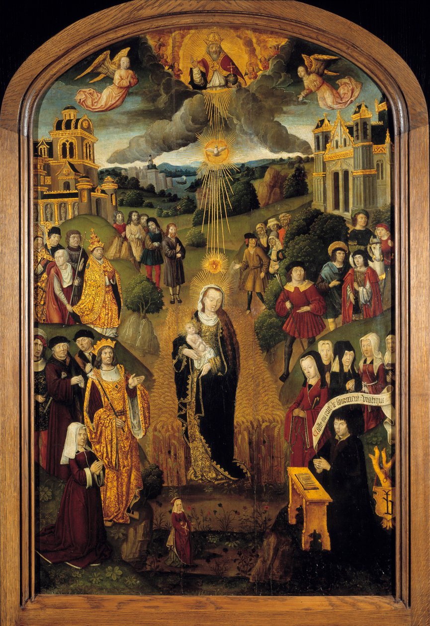 Jungfrun med vete Kung Ludvig XII (1462-1515) och påven Alexander VI (1431-1503) är närvarande. Allsmäktige Gud som håller i Globen välsignade scenen medan den Helige Ande skyddade Jungfrun och barnet. Målning på trä från den franska skolan på 1500-talet av French School