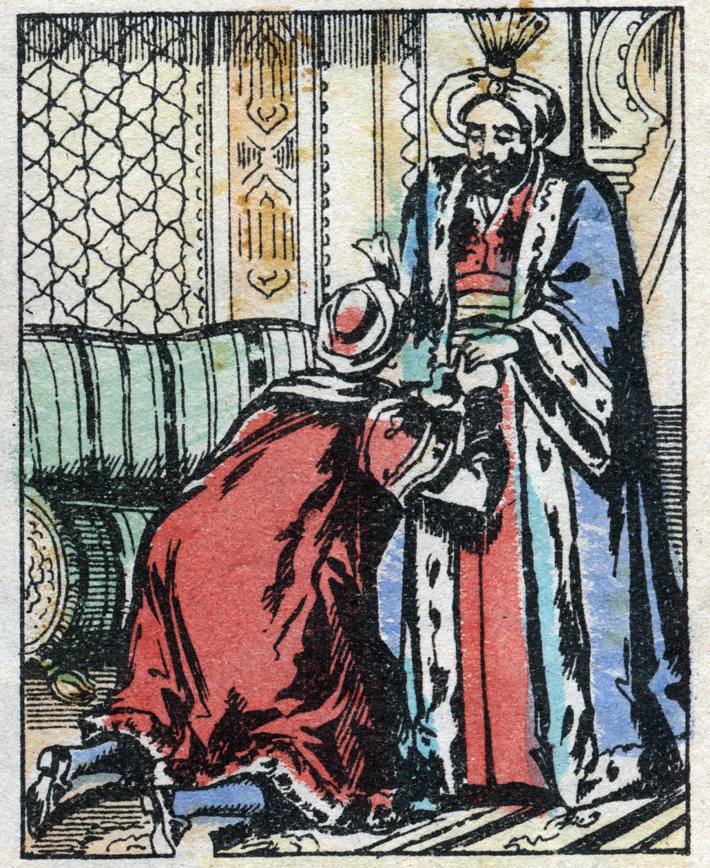 Visirens son avstår från att gifta sig med sultanens dotter. Gravyr av berättelsen om Tusen och en natt "" Aladin och den underbara lampan"". Epinal avbildning, sent 1800-tal. Privat samling. av French School
