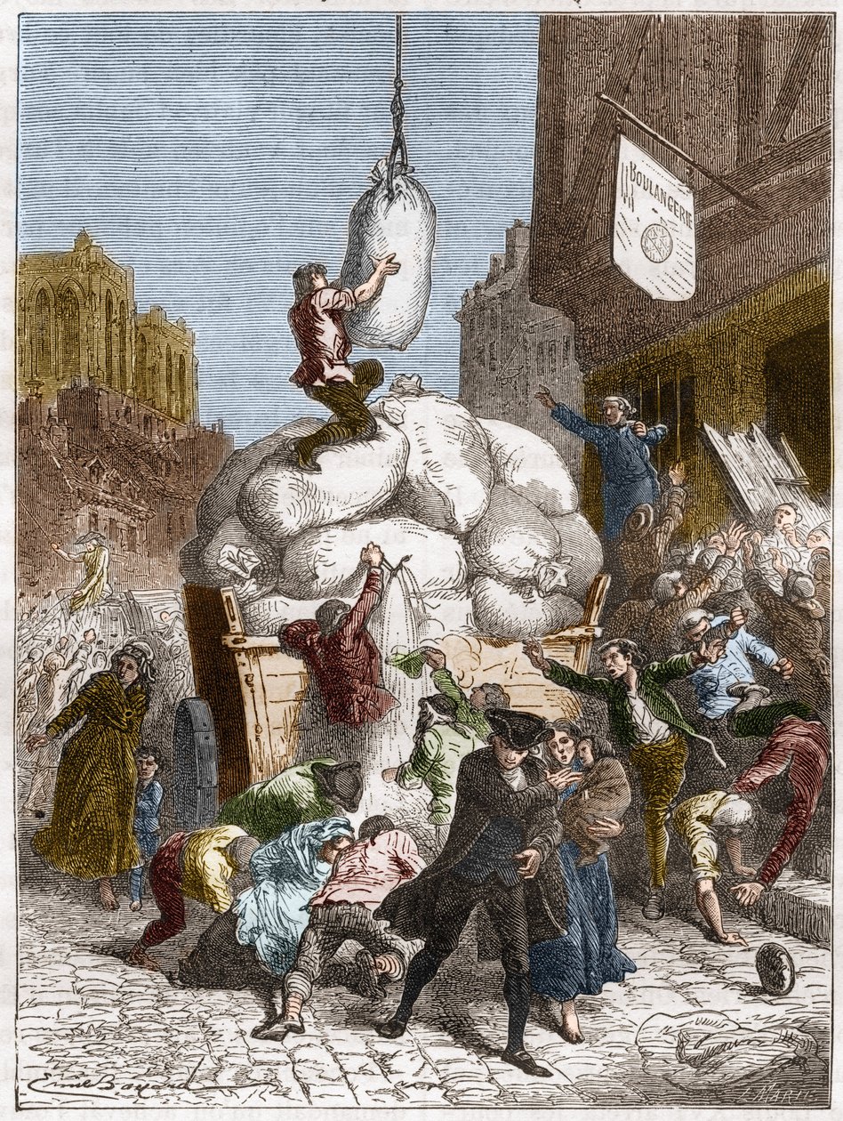 The War of Flours: Plundring av bagerier i Paris, runt 1775 (första av franska revolutionen) (gravyr) av French School